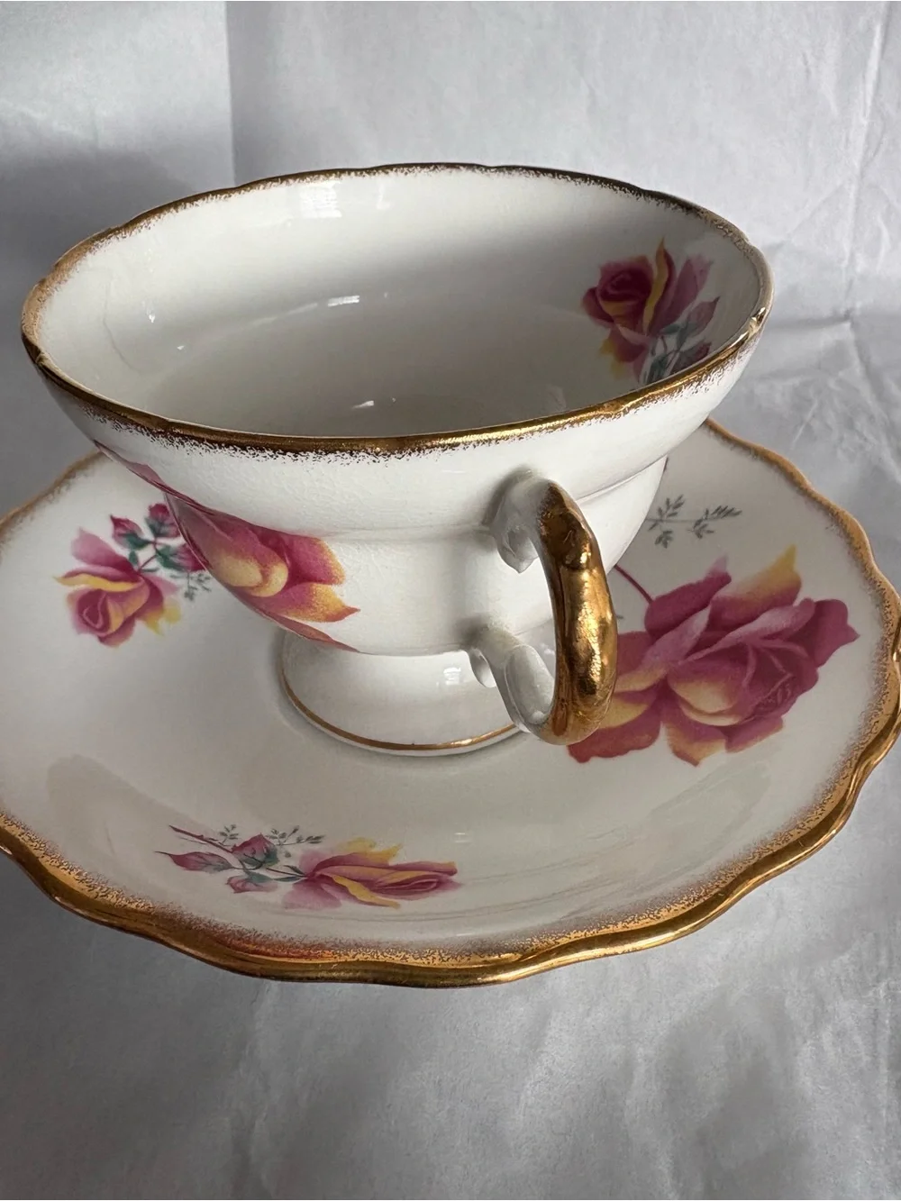 Rosina White Teacup & Saucer With Multi-color  Floral Gold Trim England Bone
